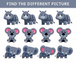 educatief spel voor kinderen vind de verschillende foto in elke rij schattige cartoon neushoorn koala olifant vector