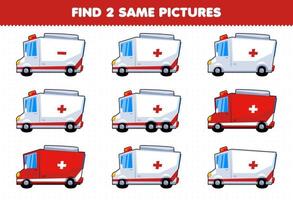 educatief spel voor kinderen vind twee dezelfde foto's transport ambulance vector