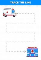 educatief spel voor kinderen handschriftoefening traceer de lijnen help transport ambulance naar ziekenhuis te gaan vector