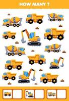 educatief spel voor kinderen zoeken en tellen activiteit voor de kleuterschool hoeveel transport zware machines graafmachine concentraat mixer dumper vector