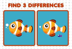 educatief spel voor kinderen vind drie verschillen tussen twee schattige clownvissen vector