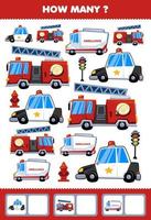 educatief spel voor kinderen die activiteit zoeken en tellen voor de kleuterschool hoeveel reddingstransport politie auto ambulance brandweerwagen vector