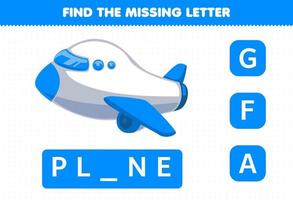 educatief spel voor kinderen vind ontbrekende letter schattig transportvliegtuig vector