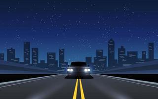 stad nacht snelweg illustratie met een auto en sterrenhemel vector