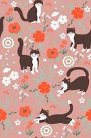 naadloos patroon met schattige katten en bloemen. vectorafbeeldingen. vector