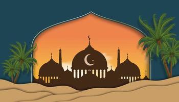 islamitische achtergrond met moskee silhouet in zonsondergang hemel met halve maan, vector papier gesneden moskee raam, woestijn zandduinen landschap, banner voor eid mubarak, ramadan kareem, eid al fitr, eid al adha