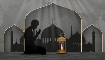 eid mubarak achtergrond silhouet moslim man een smeekbede maken, traditionele islamitische moskee met lantaarn licht, wassende maan, vector eid mubarak, ramadan kareem, eid al fitr, eid al adha banner