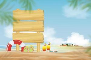 zomervakantie achtergrond met houten bord op tropisch strand met wazige palmbladeren op border.vector banner zeezicht op oceaan met cocktail, zonnebril, sandaal op zand in zonnige dag ochtend vector