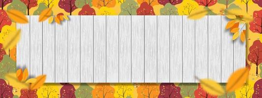 herfst achtergrond met witte en grijze houten paneel textuur op veelkleurige herfst bos boom, vector illustratie herfst seizoen achtergrond banner voor thanksgiving card, verkoop of promotie