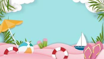 zomer achtergrond met strandvakantie vakantie thema met roze golflaag en kopieer ruimte, vector bovenaanzicht papier gesneden van tropische zomer ontwerp, palmbladeren en cloud op blauwe hemelachtergrond