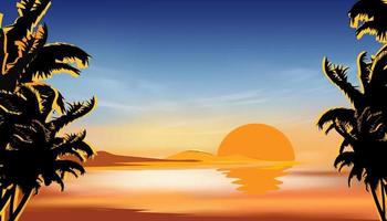 landschap tropisch met prachtige zonsondergang in de avond, vectorillustratie, panorama zee strand zonsondergang met kokospalmen en oranje lucht, silhouet van palmbomen tegen een zonsondergang in de oceaan vector