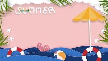 zomer achtergrond met strandvakantie vakantie thema met roze golflaag en kopieer ruimte, vector bovenaanzicht papier knippen van tropisch zomerontwerp, palmbladeren en wolk op roze hemelachtergrond