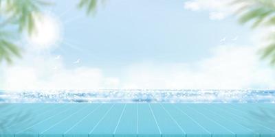 zomer achtergrond zeegezicht met top van houten tafel, zee, wolk op lucht, horizon natuurlijke blauwe oceaan met weerspiegeling van ochtendlicht en wazige kokospalm bladeren op grens, vector banner promotie, verkoop