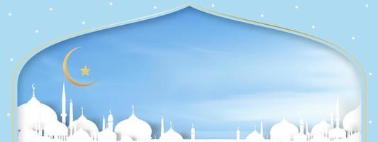 eid al-adha banner moskee raam met maansikkel, ster op blauwe hemelachtergrond, vector illustratie papier gesneden islamitische religies, achtergrond voor islamitische religie, eid mubarak, eid al fitr, ramadan kareem