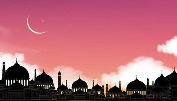 eid mubarak-kaart, silhouet koepel moskeeën 's nachts met halve maan met roze lucht, vector banner achtergrond voor islamitische religies, eid al-adha, eid al-fitr, gelukkig muharram, islamitisch nieuwjaar