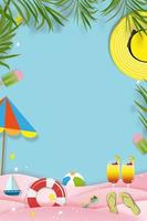 zomer achtergrond met strandvakantie vakantie thema in roze golflaag en kopieer ruimte, vector plat papier knippen van tropisch zomer ontwerp, palmblad en cloud op blauwe hemelachtergrond