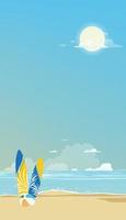 zomer achtergrond, zeegezicht met surfplank, bal op strandzand en blauwe oceaan met lucht en cloud.travel avontuurlijke sport in zomervakantie concept. vector achtergrond banner natuur voor web, mobiel scherm