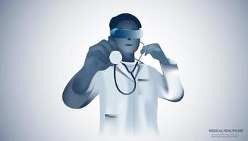 abstracte gezondheid bestaat arts wit met stethoscoop en vr-bril digitale technologie concept telegeneeskunde online arts moderne medische technologie, behandeling, geneeskunde op hi-tech toekomstige achtergrond. vector