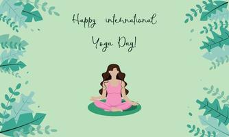 happy yoga day wenskaart een zwanger meisje, in een gezichtsloze stijl met donker haar in een roze pak, op een groene achtergrond, zit in een lotushouding en beoefent yoga. vector