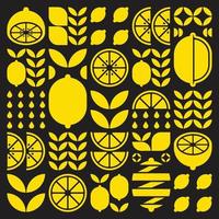 abstract kunstwerk van citroen fruit patroon pictogrammen symbool. eenvoudige vectorkunst, geometrische illustratie van gele citrus, sinaasappel, limoen, limonade en bladeren. minimalistisch plat modern design op zwarte achtergrond. vector