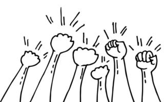 hand getrokken van doodle handen omhoog. vuisthand, protestsymbool, machtsteken. vector illustratie