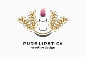 een eenvoudig en elegant vrouwelijk logo voor make-up of cosmetica, lippenstift met bladeren gecombineerd met een smiley-lippenpictogram vector