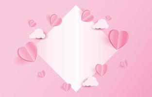 papier gesneden elementen in de vorm van hart vliegen en wolken op roze en zoete achtergrond met een lege rechthoek. vectorsymbolen van liefde voor gelukkige Valentijnsdag, verjaardagswenskaartontwerp. vector