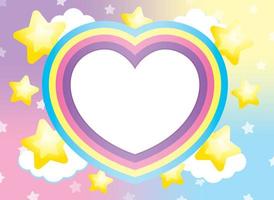 schattig kawaii hart vorm regenboog frame met wolk en sterren element op zoete pastel gradiënt achtergrond vector