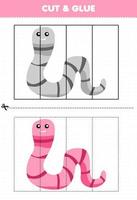 educatief spel voor kinderen knippen en lijmen met schattige cartoon dierenworm vector