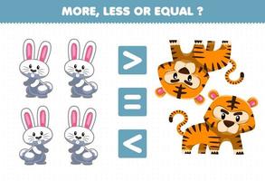 educatief spel voor kinderen min of meer gelijk tel de hoeveelheid schattige cartoon dieren konijn en tijger vector