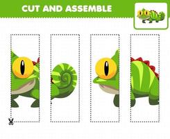 educatief spel voor kinderen snijden oefenen en puzzel samenstellen met schattige cartoon dierenleguaan vector