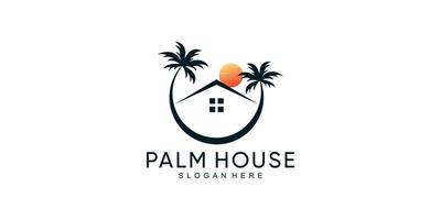 palm en huispictogram logo met kokospalm en modern concept premium vector