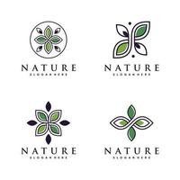 set bundel van natuur logo-ontwerp met lijntekeningen en bladelement premium vector