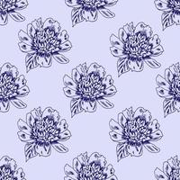 handgetekende elegante bloemen vector naadloze patroon. pioen bloem contour op een blauwe achtergrond. voor stoffenprints, textielproducten, woondecoratie, beddengoed.