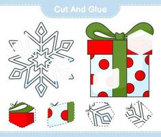 knip en plak, knip delen van sneeuwvlok, geschenkdoos en lijm ze. educatief kinderspel, afdrukbaar werkblad, vectorillustratie vector