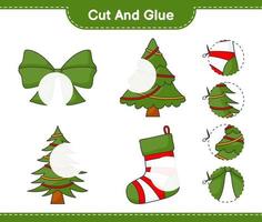 knip en plak, knip delen van kerstboom, lint, kerstsok en lijm ze. educatief kinderspel, afdrukbaar werkblad, vectorillustratie vector
