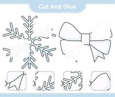 knip en plak, knip delen van sneeuwvlok, lint en lijm ze. educatief kinderspel, afdrukbaar werkblad, vectorillustratie vector
