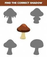 educatief spel voor kinderen vind de juiste schaduwset van cartoon plantaardige paddenstoelen vector