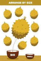 educatief spel voor kinderen rangschik op maat groot of klein zet het in de kom cartoon fruit durian foto's vector