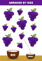 educatief spel voor kinderen rangschikken op maat groot of klein zet het in de kom cartoon fruit druiven foto's vector