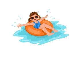 schattig klein meisje met zwembroek en zonnebril liggend op opblaasbare rubberen ring plezier drijvend in het zwembad op zomertijd vector