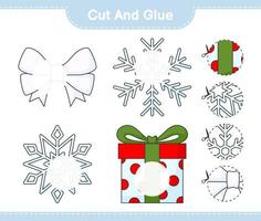 knip en plak, knip delen van lint, sneeuwvlok, geschenkdoos en lijm ze. educatief kinderspel, afdrukbaar werkblad, vectorillustratie vector