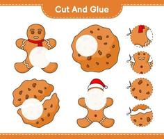 knip en plak, knip delen van koekjes, gingerbread man en lijm ze. educatief kinderspel, afdrukbaar werkblad, vectorillustratie vector