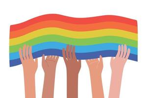 handen en regenboogtrotsvlag. verscheidenheid aan handen. lhbt-concept. handgetekende homoseksuele mensen. gelijkheid en liefdesbescherming. vector