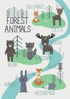 schattige vector dierentuin poster met dieren van het bos in Scandinavische stijl.