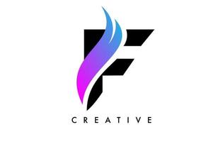 letter f logo pictogram ontwerp met paarse swoosh en creatieve gebogen vorm vector