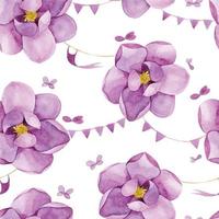 aquarel naadloos patroon met paarse magnolia bloemen, bloemen en leuke vakantie vlaggen. kinderprint voor meisjes met roze bloemen op een witte achtergrond. vector