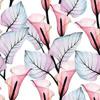 aquarel tekening. naadloos patroon van transparante tropische bloemen en bladeren. roze calla bloem en bladeren van roze en blauwe kleuren geïsoleerd op een witte achtergrond. print voor behang, stof, textiel vector