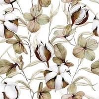 aquarel naadloos patroon met droge bladeren en bloemen van hortensia en katoen. vintage patroon op het thema van de herfst, planten in natuurlijke bruine kleuren geïsoleerd op een witte achtergrond vector