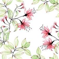 aquarel naadloos patroon met transparante hibiscus bloemen en bladeren. transparante roze tropische bloemen en groene bladeren op een witte achtergrond. print voor stof, behang. exotische jungle bloemen vector